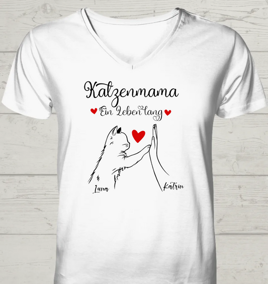 Katzenmama ein Leben Lang - Personalisierbares V-Neck Bio T-Shirt