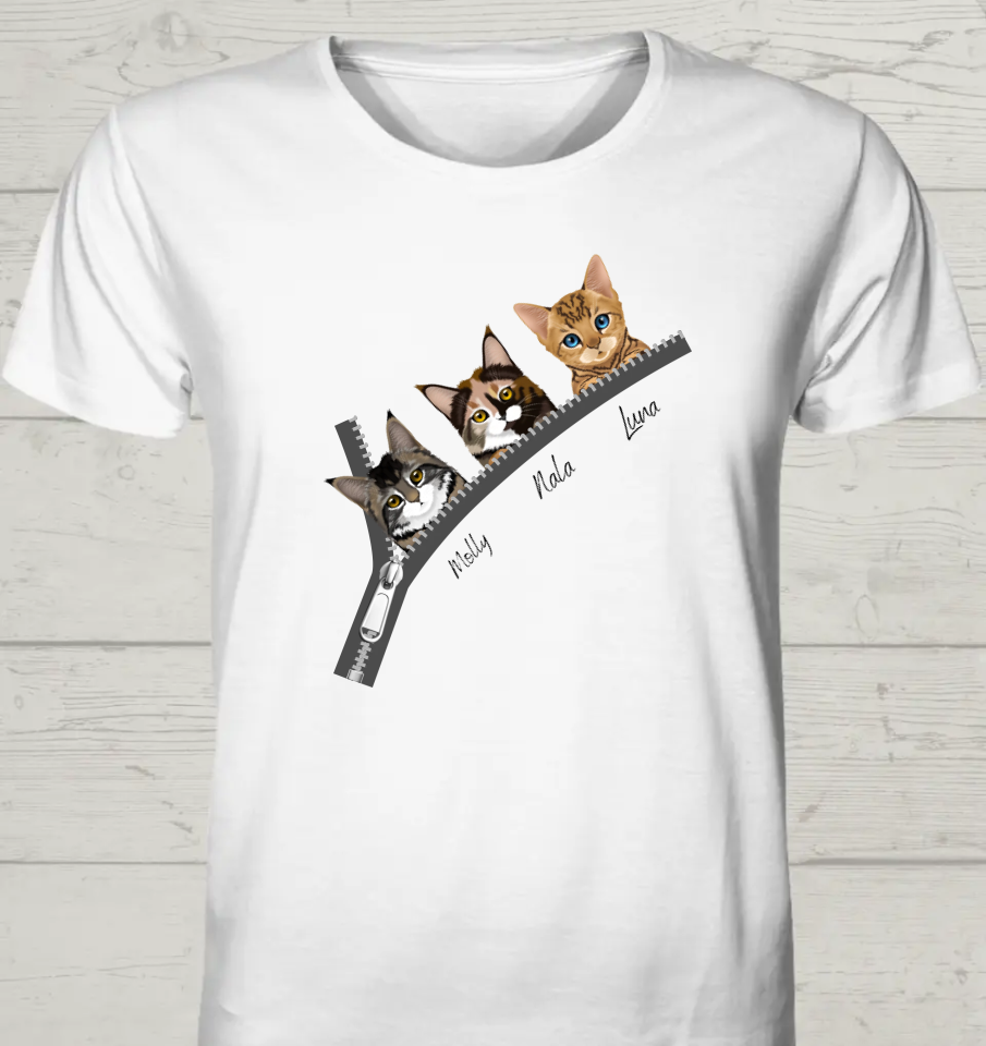 Katzen hinter Reißverschluss - Personalisierbares Unisex Bio T-Shirt